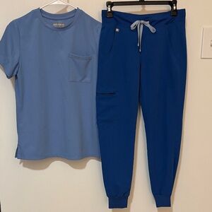 Royal Blue Fig Joggers and Ceil Blue Hypothesis Crew Neck Scrub Top